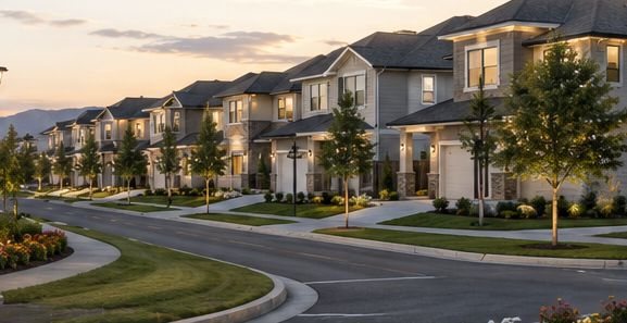A curving residential street of two-storey family homes with lawns and young trees at dusk